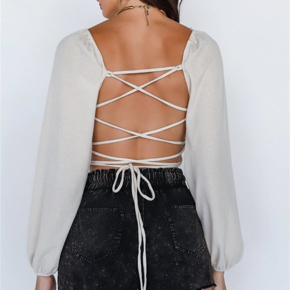 Taupe Waffle Knit V-Neck Black Lace Down Long Sleeve Crop Top - Picture 3 of 8